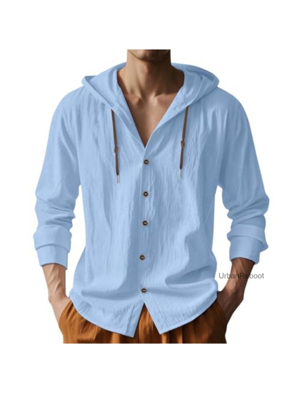 Men's Cotton Linen Hooded Button Down Shirts Lightweight Long Sleeve Casual